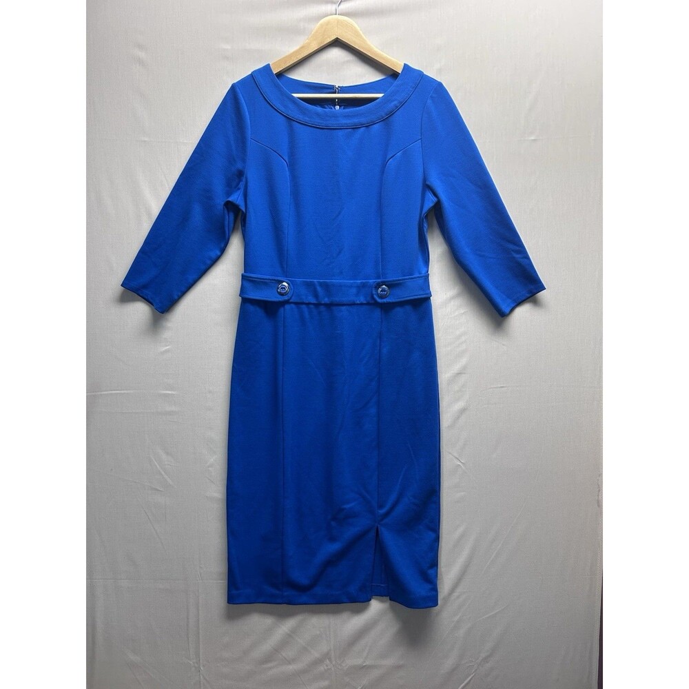 Ny & Co Dress Women’s M Side Slit Belted Royal Blue 3/4 Sleeve Sheath Dress